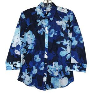 Foxcroft Blouse Shirt Top Womens Size 6 Button Down Blue Floral